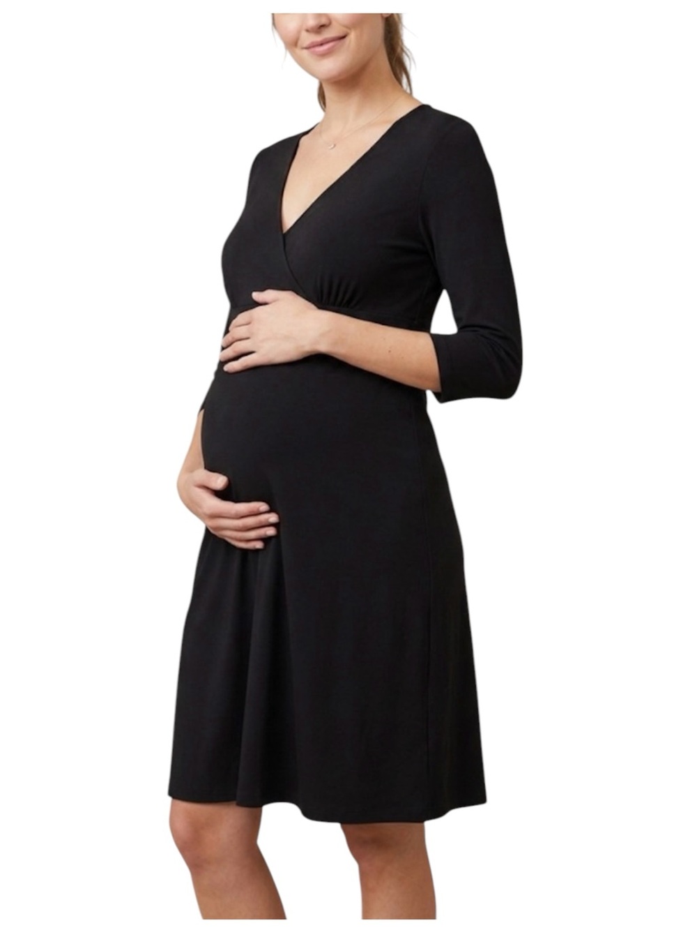 Liz Lange Maternity Black V-Neck Sheath Dress Size Small 3/4 Sleeves Jersey Knit